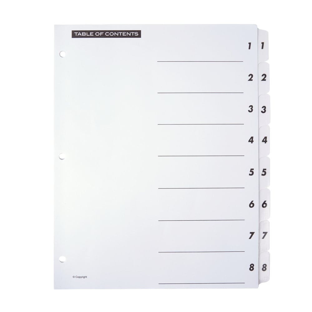 Office Depot Brand Table Of Contents Customizable Index With Preprinted Tabs, White, Numbered 1-8 (Min Order Qty 80) MPN:3585478218