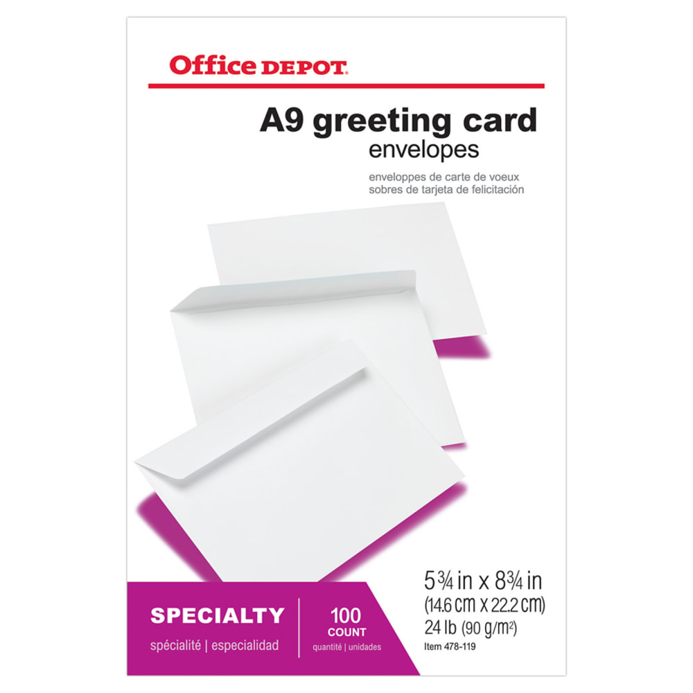 Office Depot Brand Greeting Card Envelopes, A9, 5-3/4in x 8-3/4in, Gummed Seal, White, Box Of 100 (Min Order Qty 19) MPN:478119