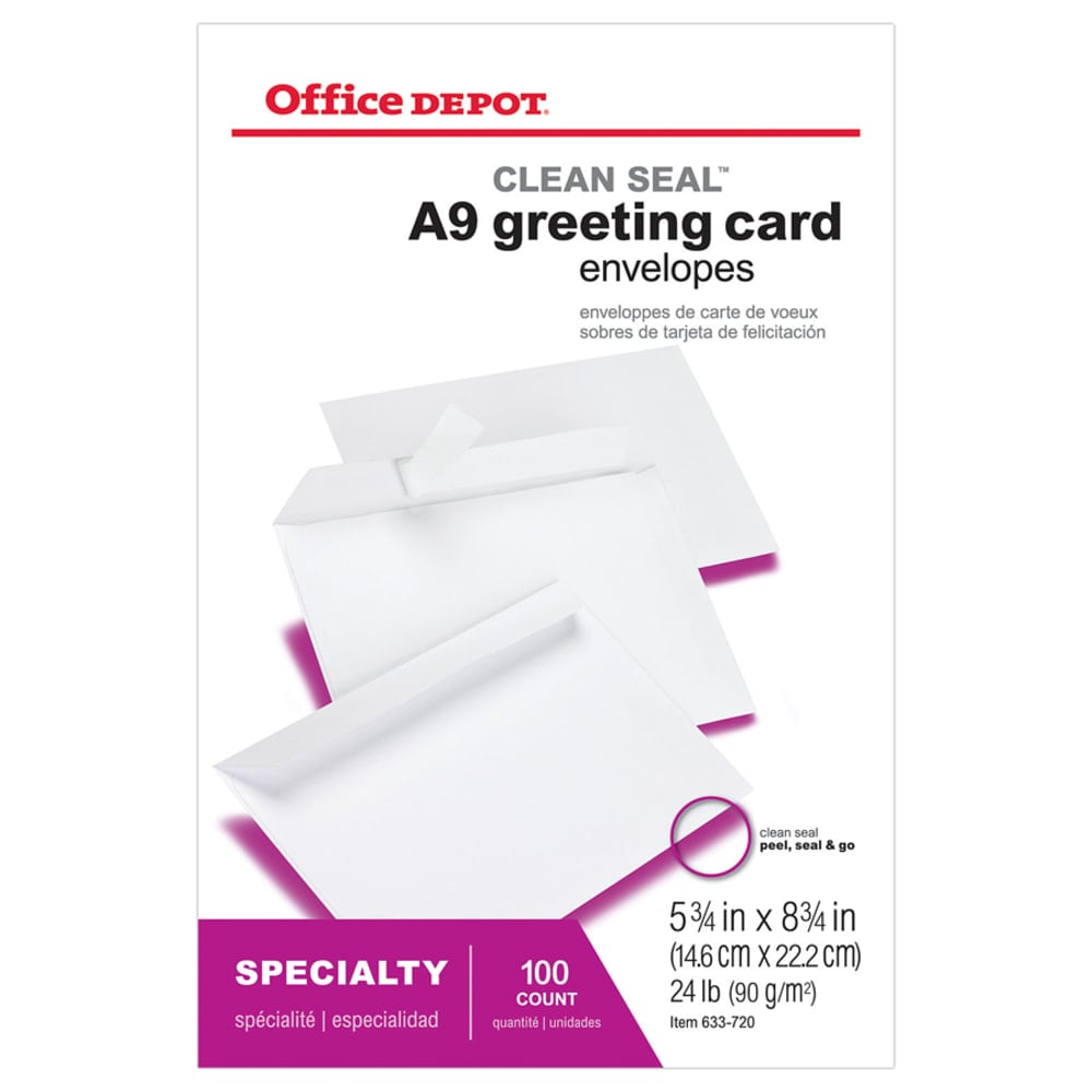 Office Depot Brand Greeting Card Envelopes, A9, 5-3/4in x 8-3/4in, Clean Seal, White, Box Of 100 (Min Order Qty 15) MPN:633720