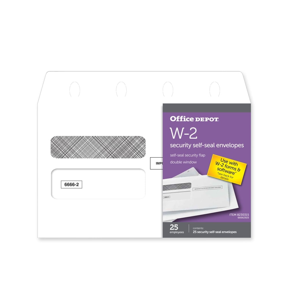 Office Depot Brand Double-Window Self-Seal Envelopes For W-2 Tax Forms, 9-1/4inW x 5-5/8inH, White, Pack Of 25 Envelopes (Min Order Qty 20) MPN:66662925