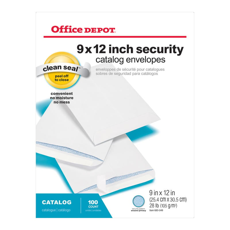 Office Depot Brand  9in x 12in Catalog Envelopes, Security, Clean Seal, White, Box Of 100 (Min Order Qty 7) MPN:680049