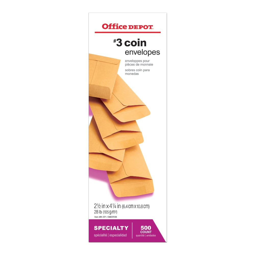 Office Depot Brand Coin Envelopes, 2-1/2in x 4-1/4in, Gummed Seal, Manila, Box Of 500 (Min Order Qty 6) MPN:77545