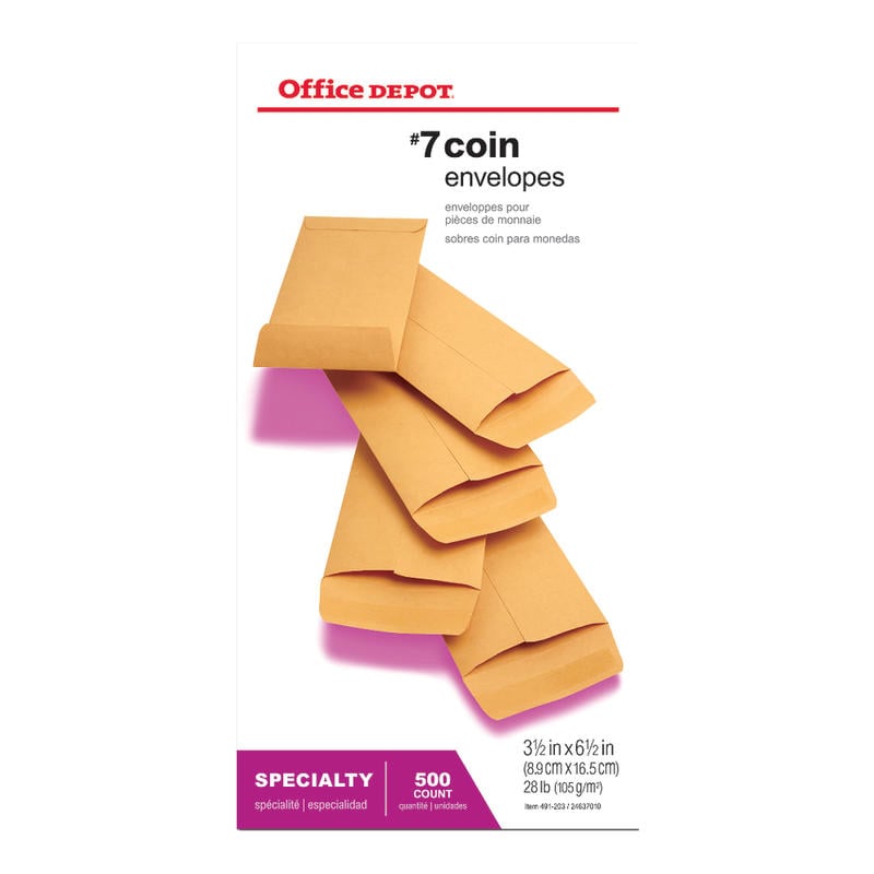 Office Depot Brand Coin Envelopes, 3-1/2in x 6-1/2in, Gummed Seal, Manila, Box Of 500 (Min Order Qty 4) MPN:77575