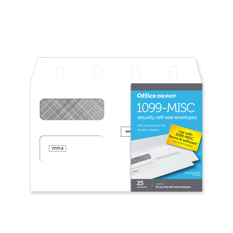 Office Depot Brand Double-Window Self-Seal Envelopes For 1099-MISC 2-Up Forms, 5-5/8inH x 9inW, White, Pack Of 25 Envelopes (Min Order Qty 20) MPN:77772925