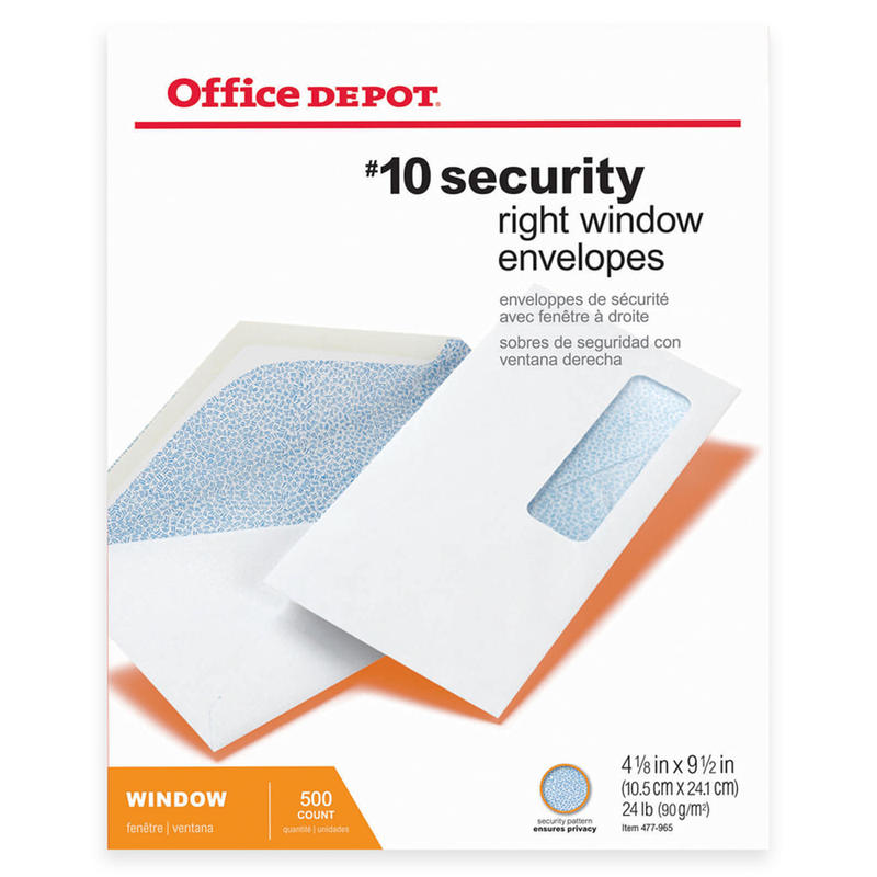 Office Depot Brand #10 Security Envelopes, Right Window, 4-1/8in x 9-1/2in, Gummed Seal, White, Box Of 500 (Min Order Qty 4) MPN:MPA/OD/150