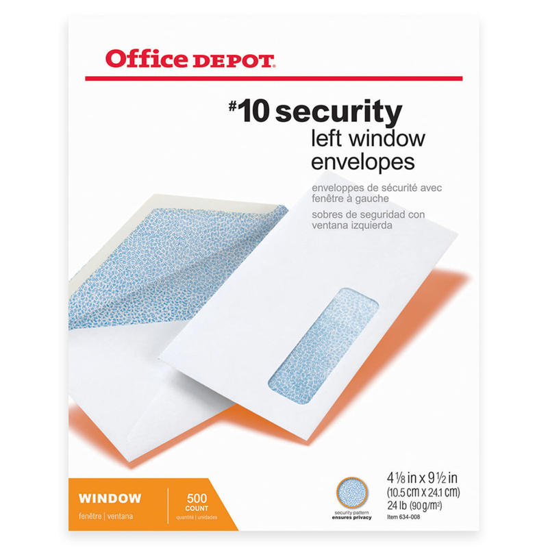 Office Depot Brand #10 Security Envelopes, Left Window, 4-1/8in x 9-1/2in, Gummed Seal, White, Box Of 500 (Min Order Qty 4) MPN:MPA/OD/151