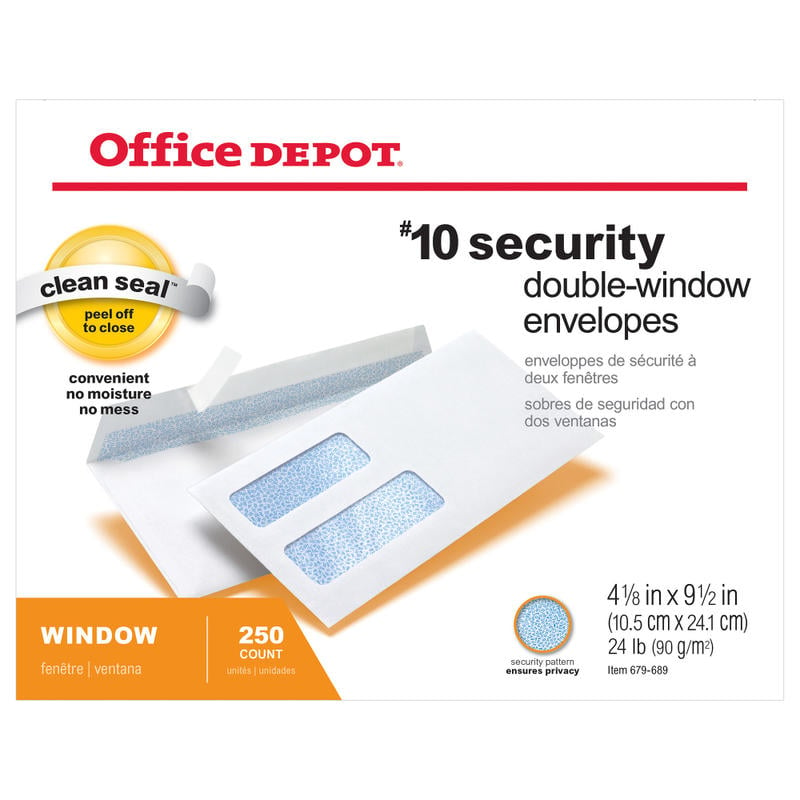 Office Depot Brand #10 Security Envelopes, Double Window, 4-1/8in x 9-1/2in, Clean Seal, White, Box Of 250 (Min Order Qty 6) MPN:MPA/OD/154