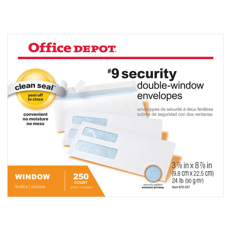 Office Depot Brand #9 Security Envelopes, Double Window, 3-7/8in x 8-7/8in, Clean Seal, White, Box Of 250 (Min Order Qty 7) MPN:MPA/OD/156