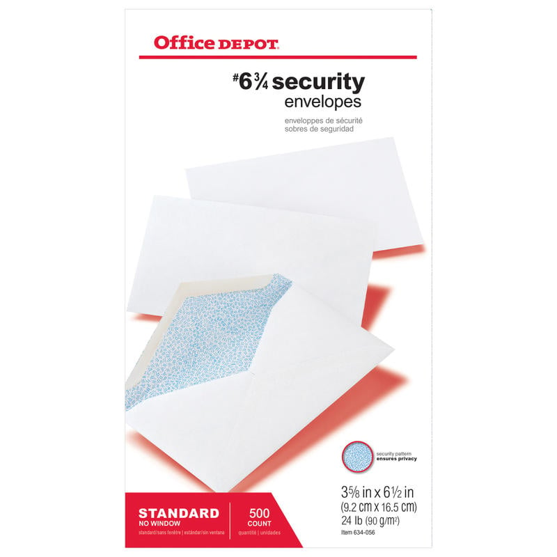 Office Depot Brand #6 3/4 Security Envelopes, 3-5/8in x 6-1/2in, Gummed Seal, White, Box Of 500 (Min Order Qty 6) MPN:ODP77108