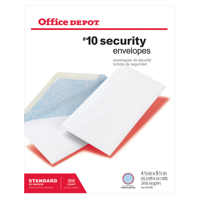 Office Depot Brand #10 Security Envelopes, 4-1/8in x 9-1/2in, Gummed Seal, White, Box Of 500 (Min Order Qty 4) MPN:ODP77128