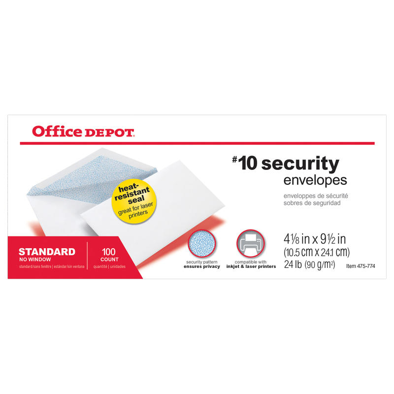 Office Depot Brand #10 Security Envelopes, 4-1/8in x 9-1/2in, Gummed Heat Resistant Seal, White, Box Of 100 (Min Order Qty 18) MPN:ODP77131