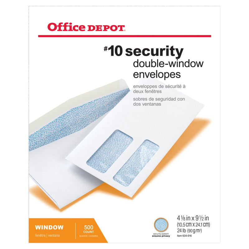 Office Depot Brand #10 Security Envelopes, Double Window, 4-1/8in x 9-1/2in, Gummed Seal, White, Box Of 500 (Min Order Qty 3) MPN:ODP77133