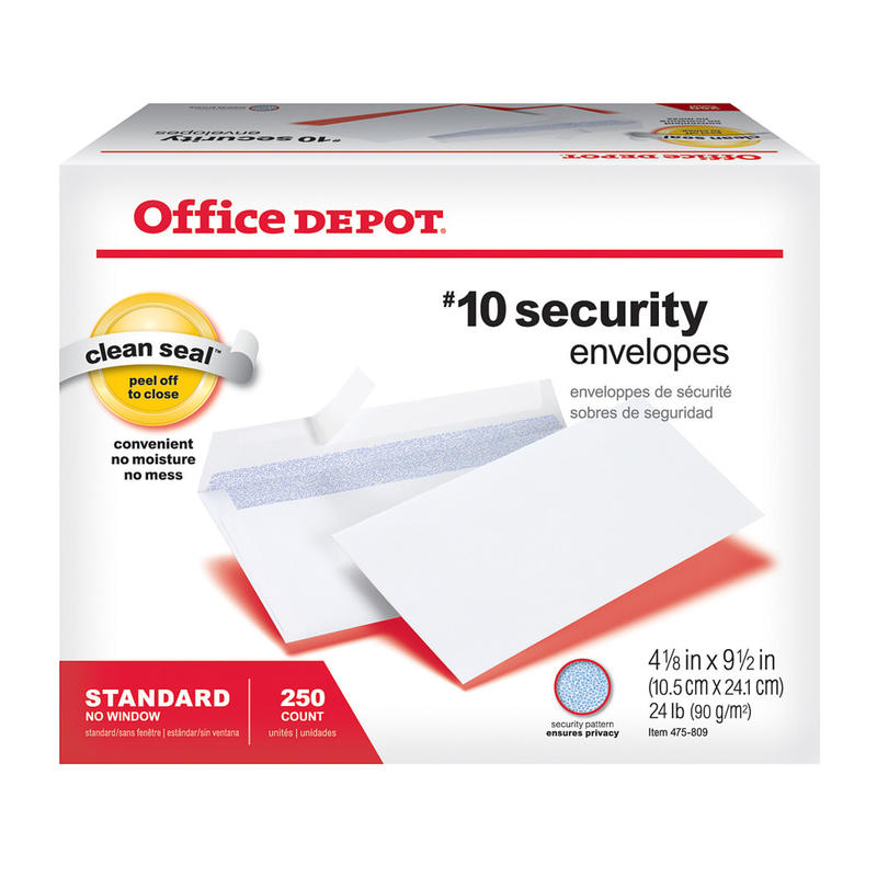 Office Depot Brand #10 Security Envelopes, 4-1/8in x 9-1/2in, Clean Seal, White, Box Of 250 (Min Order Qty 7) MPN:ODP77148