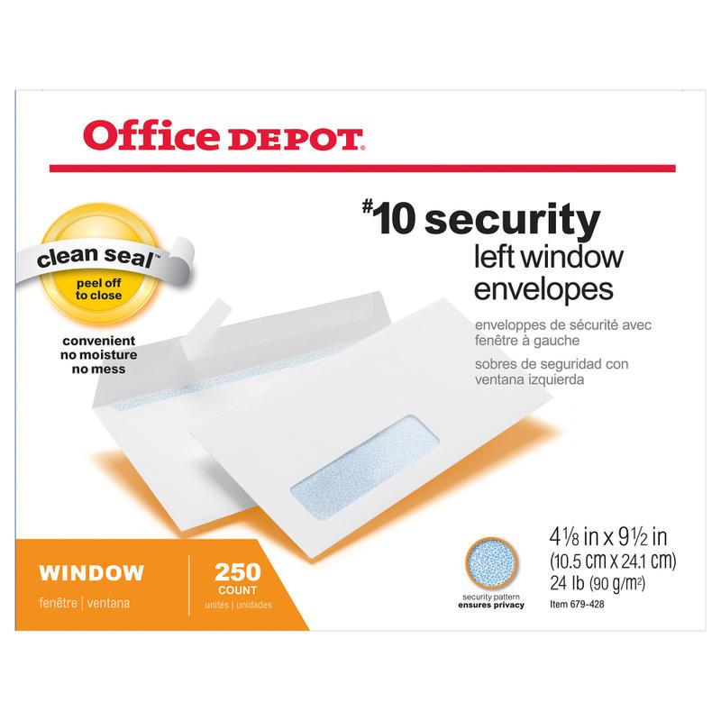 Office Depot Brand #10 Security Envelopes, Left Window, 4-1/8in x 9-1/2in, Clean Seal, White, Box Of 250 (Min Order Qty 6) MPN:ODP77292