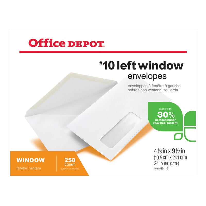 Office Depot Brand #10 Envelopes, Left Window, 30% Recycled, Gummed Seal, White, Box Of 250 (Min Order Qty 4) MPN:ODP77R70