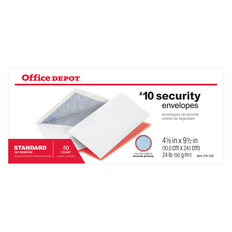 Office Depot Brand #10 Security Envelopes, 4-1/8in x 9-1/2in, Gummed Seal, White, Box Of 50 (Min Order Qty 17) MPN:ODP78040