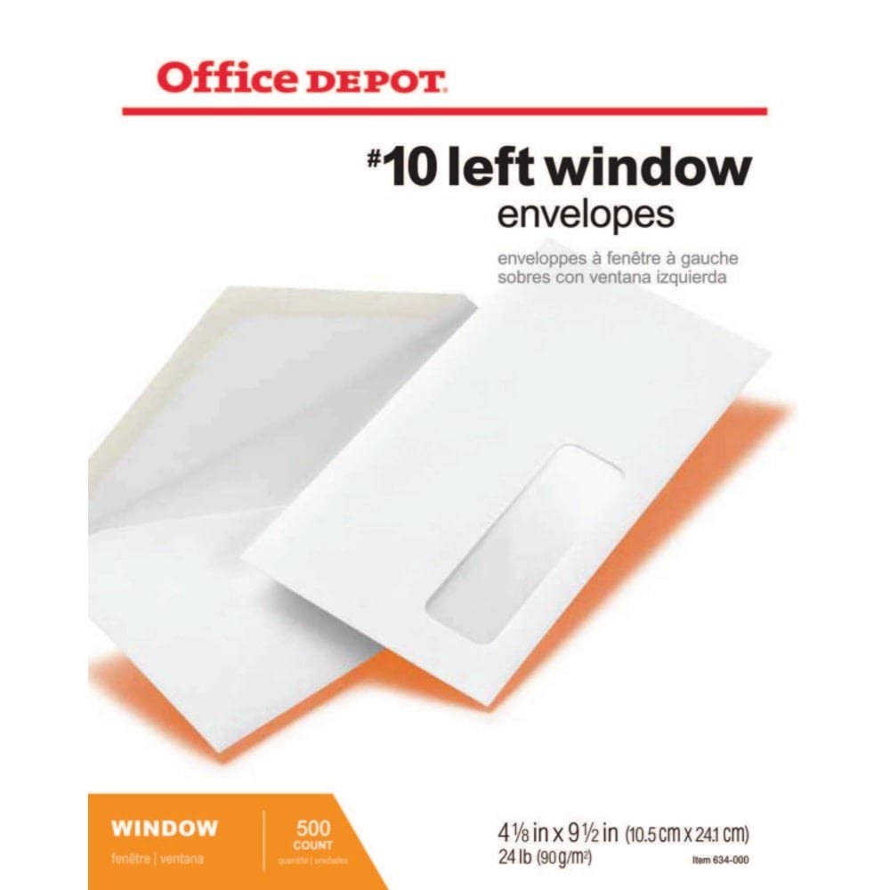 Office Depot Brand Envelopes, Left Window, 4-1/8in x 9-1/2in, Gummed Seal, White, Box Of 500 (Min Order Qty 4) MPN:ODP78170