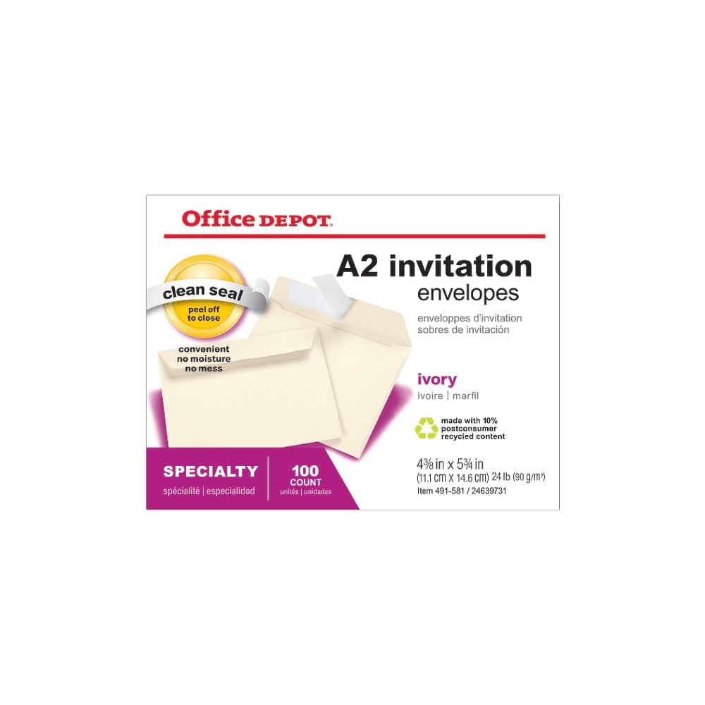 Office Depot Brand Invitation Envelopes, A2, 4-3/8in x 5-3/4in, Clean Seal, Ivory, Box Of 100 (Min Order Qty 5) MPN:OM00698