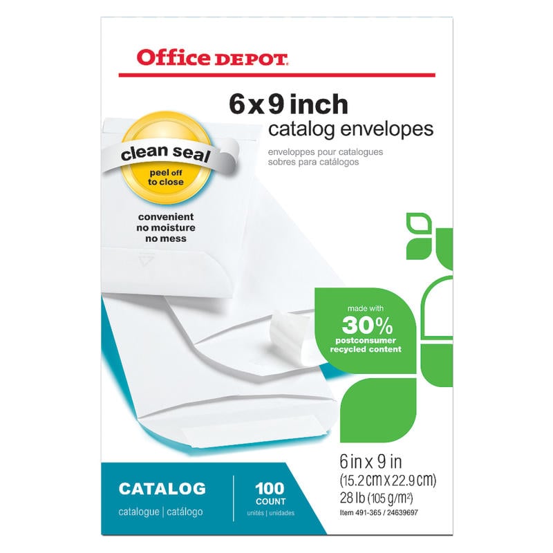 Office Depot Brand 6in x 9in Catalog Envelopes, Clean Seal, 30% Recycled, White, Box Of 100 (Min Order Qty 12) MPN:OM01237