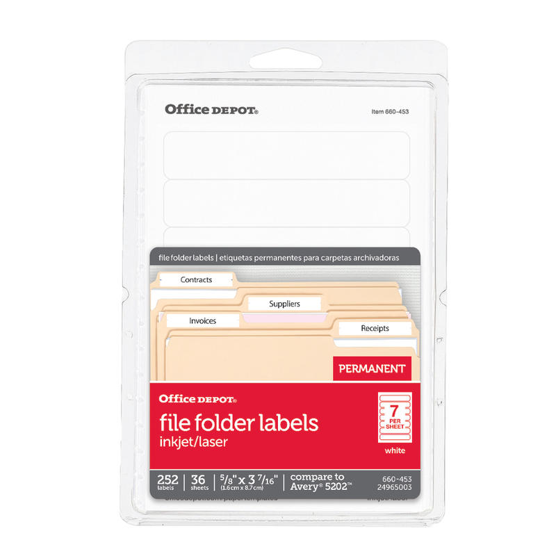 Office Depot Brand Print-Or-Write Color Permanent File Folder Labels, OD98816, Rectangle, 5/8in x 3 1/2in, White, Pack Of 252 (Min Order Qty 12) MPN:OD98816