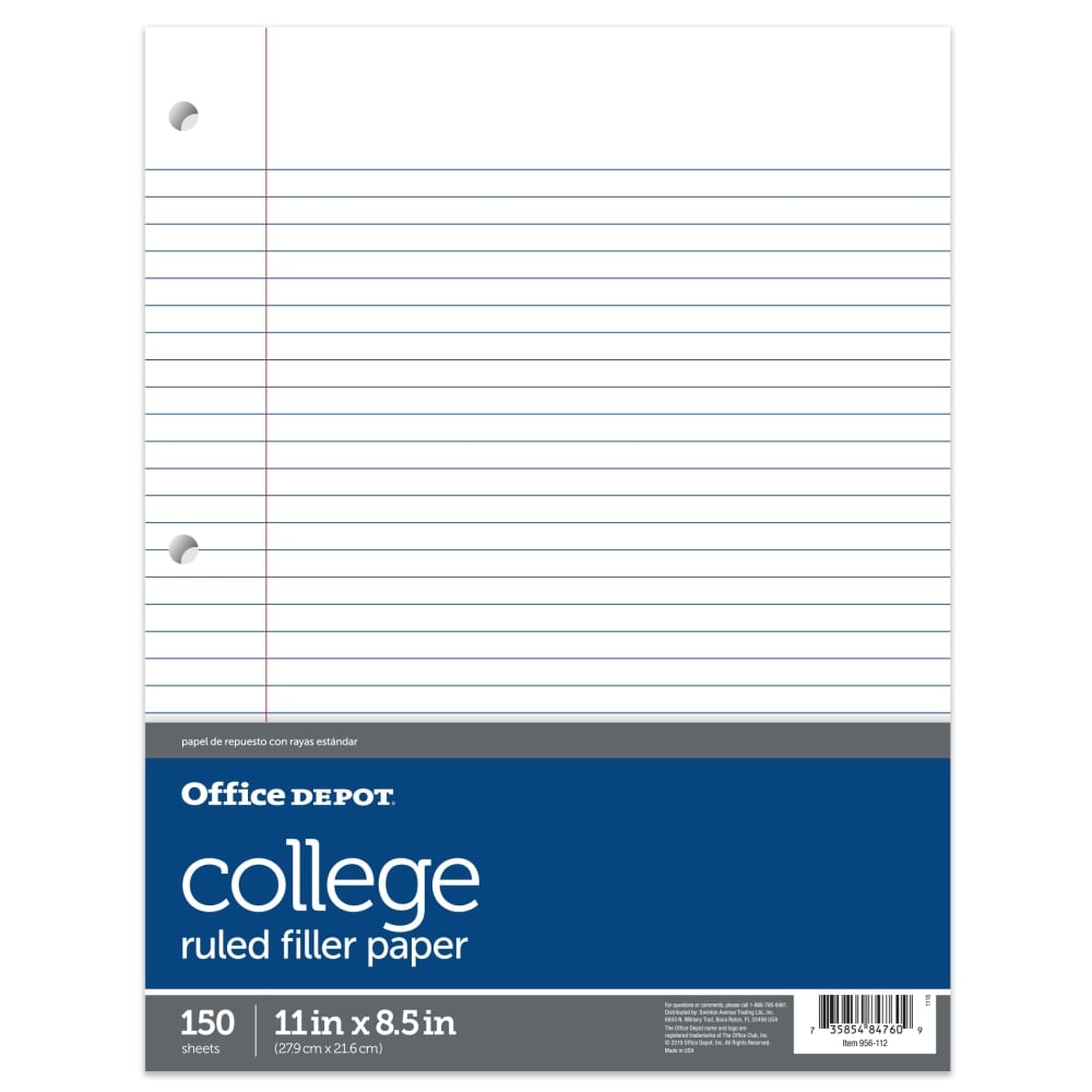 Office Depot Brand Notebook Filler Paper, College-Ruled, 8 1/2in x 11in, 3-Hole Punched, White, Pack Of 150 Sheets (Min Order Qty 40) MPN:17999-17015