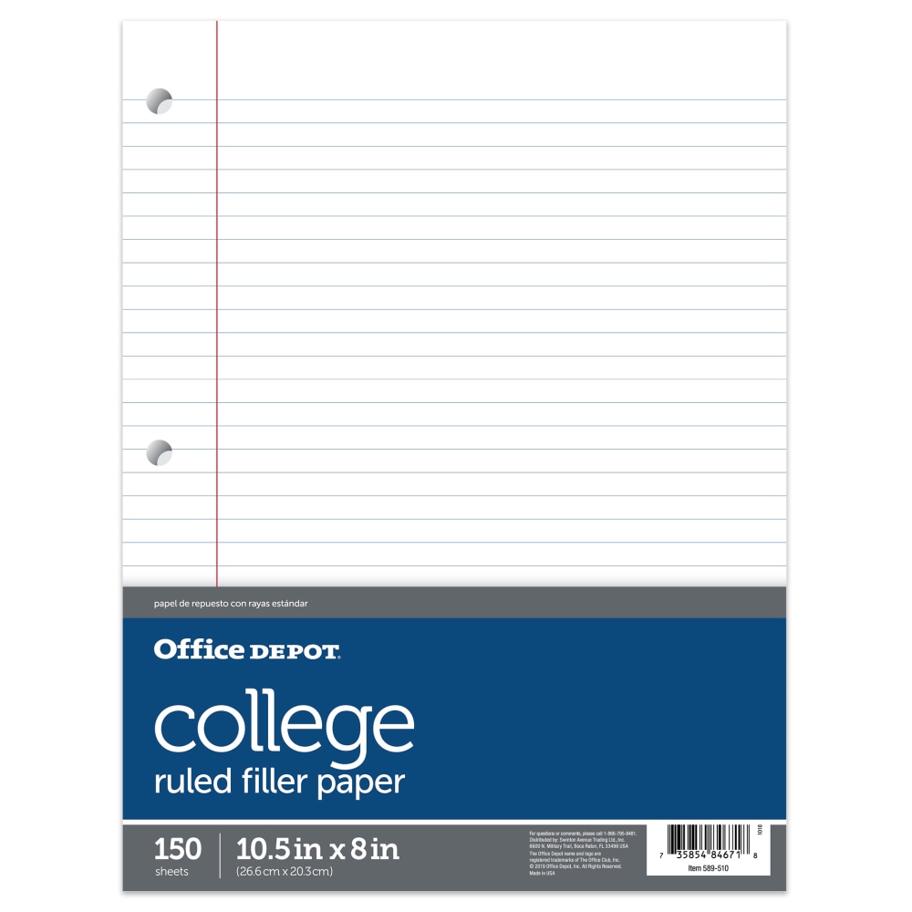 Office Depot Brand Notebook Filler Paper, College-Ruled, 8in x 10 1/2in, White, Pack Of 150 Sheets (Min Order Qty 45) MPN:F15001C