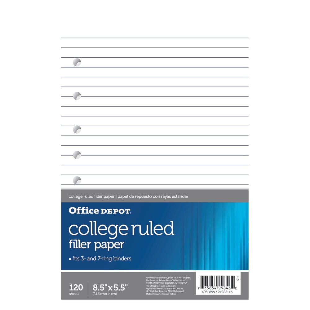 Office Depot Brand College-Ruled Notebook Filler Paper, 7-Hole Punched, 8 1/2in x 5 1/2in, 120 Sheets (Min Order Qty 11) MPN:HPS-498899