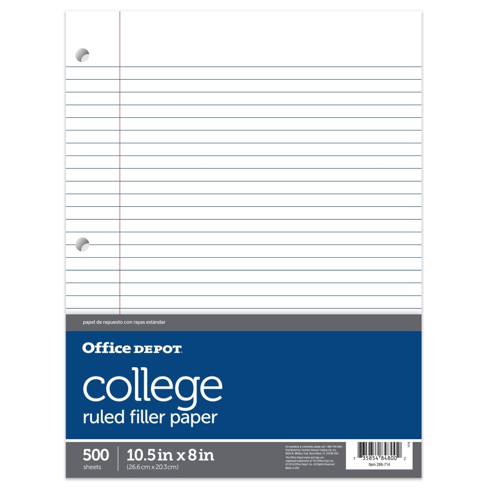 Office Depot Brand Notebook Filler Paper, College Ruled, 8in x 10 1/2in, White, Pack Of 500 Sheets (Min Order Qty 15) MPN:LL0175462