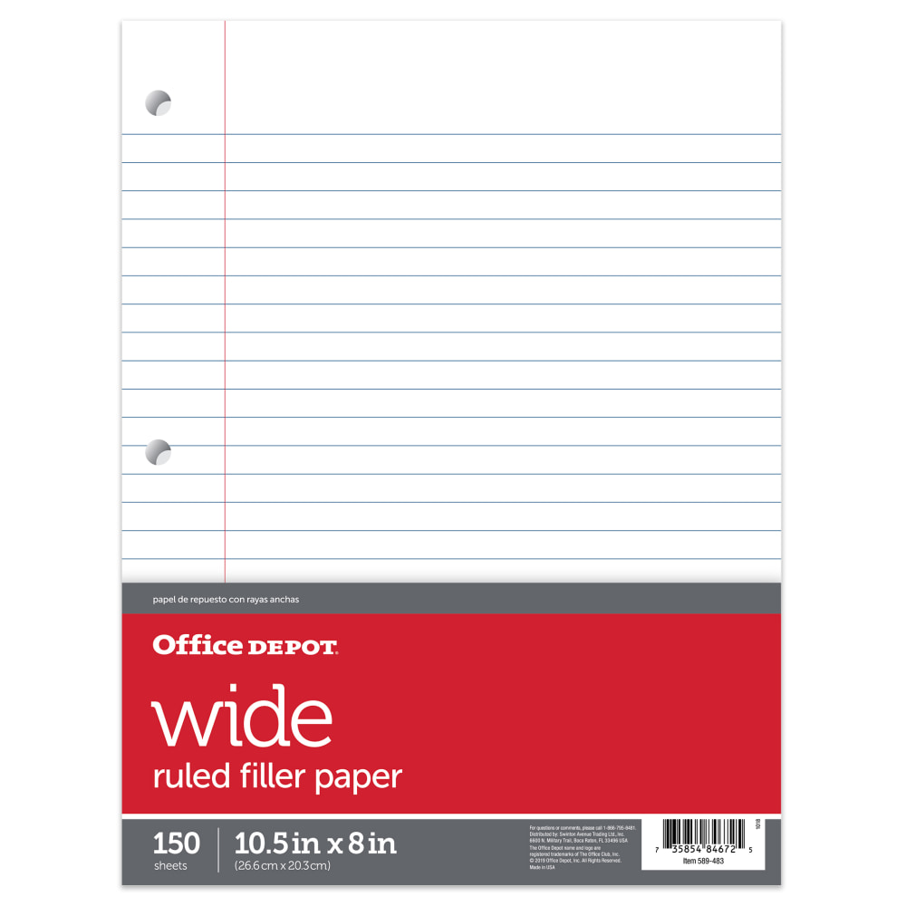 Office Depot Brand Notebook Filler Paper, Wide Ruled, 8in x 10 1/2in, 3-Hole Punched, White, Pack Of 150 Sheets (Min Order Qty 45) MPN:OD589483