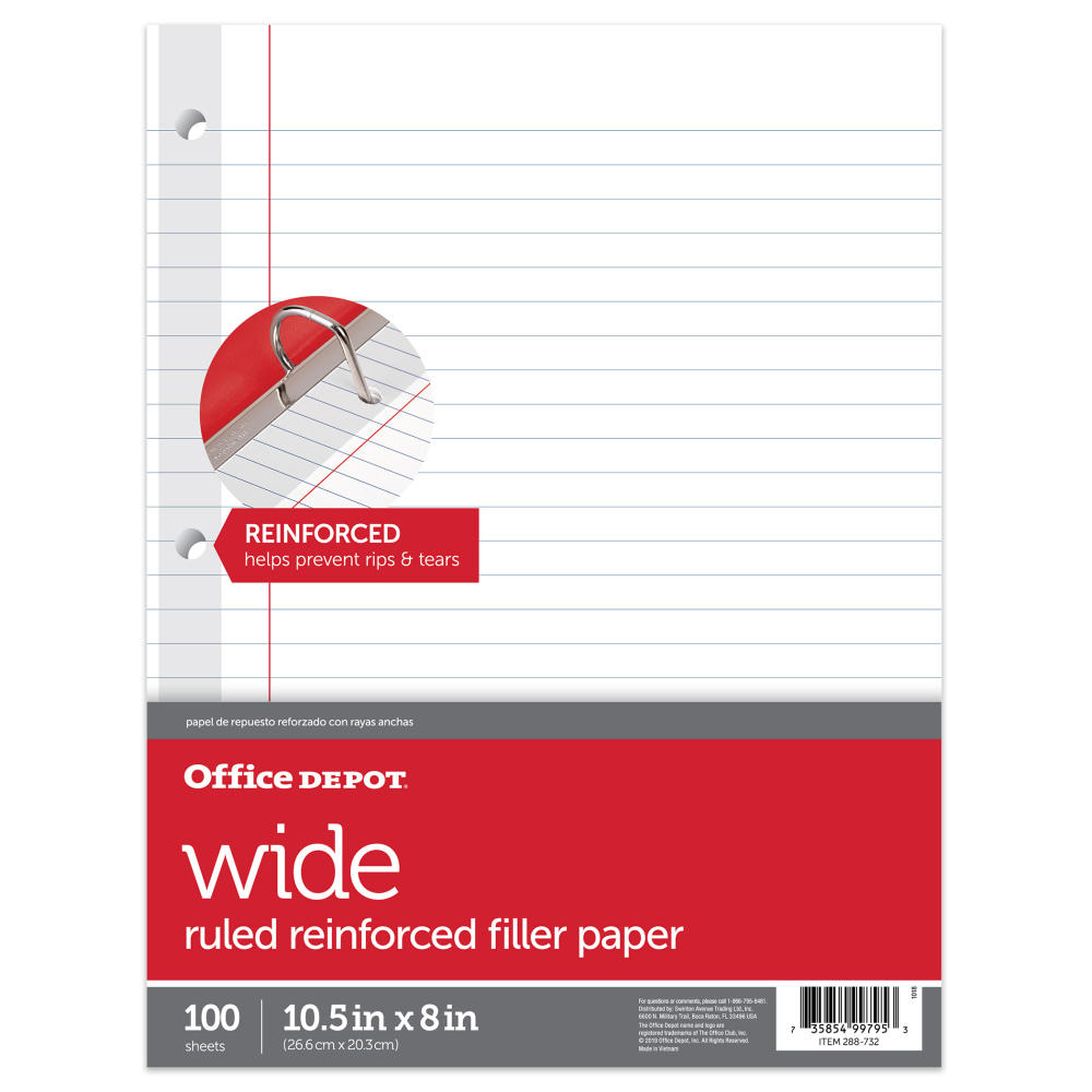 Office Depot Brand Reinforced Filler Paper, 8in x 10-1/2in, Wide Ruled, White, Pack Of 100 Sheets (Min Order Qty 40) MPN:YG1410241