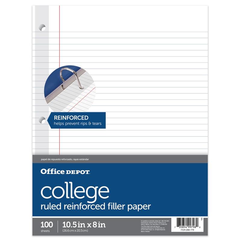 Office Depot Brand Reinforced Filler Paper, 8in x 10-1/2in, College Ruled, White, Pack Of 100 Sheets (Min Order Qty 42) MPN:YG1410242