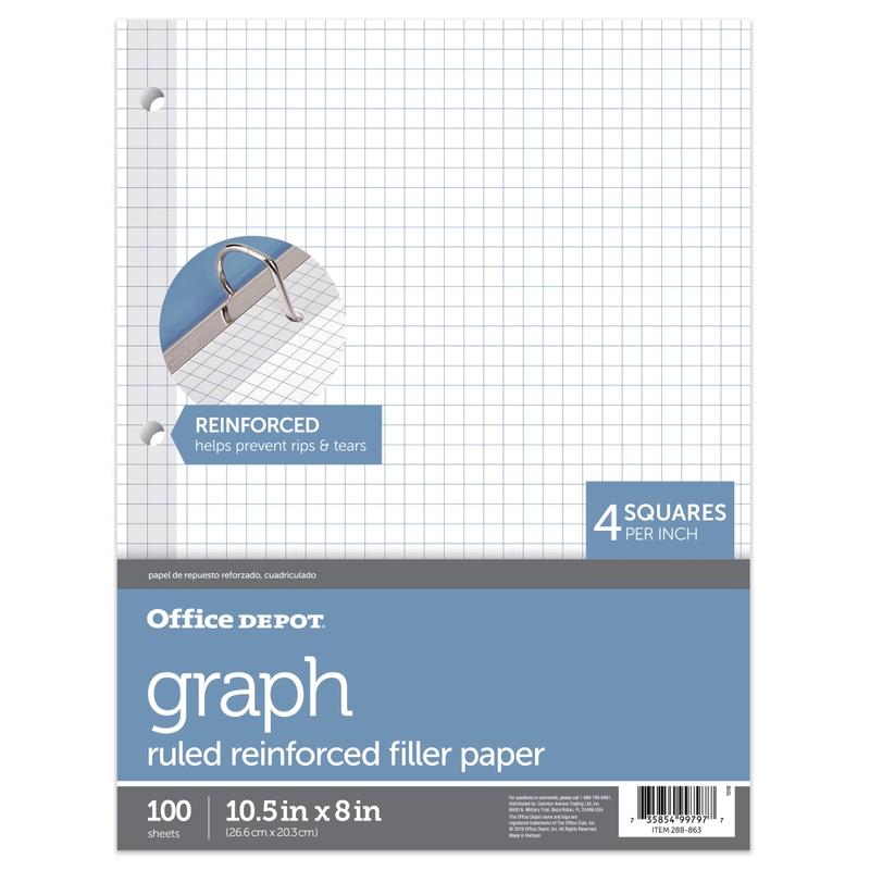 Office Depot Brand Reinforced Filler Paper, 8in x 10-1/2in, Quadrille Ruled, White, Pack Of 100 Sheets (Min Order Qty 40) MPN:YG1410243