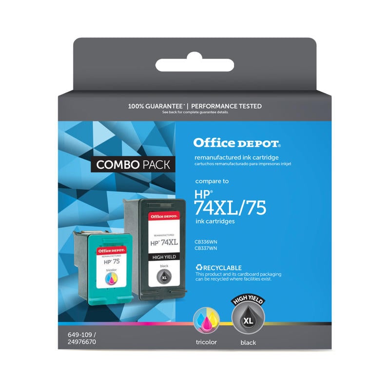 Office Depot Remanufactured Black And Tri-Color High-Yield Ink Cartridge Replacement For HP 74XL, 75, Pack Of 2, OD74XL75 (Min Order Qty 2) MPN:OD74XL75