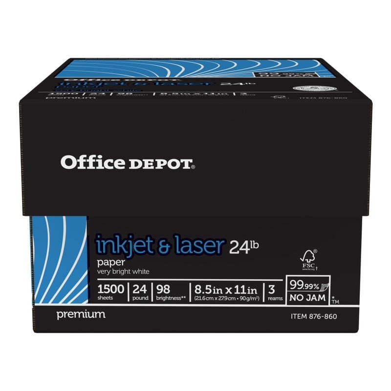 Office Depot Inkjet Or Laser Paper, White, Letter Size Paper, 500 Sheets Per Ream, Case Of 3 Reams, 24 Lb, 98 Brightness (Min Order Qty 3) MPN:3892