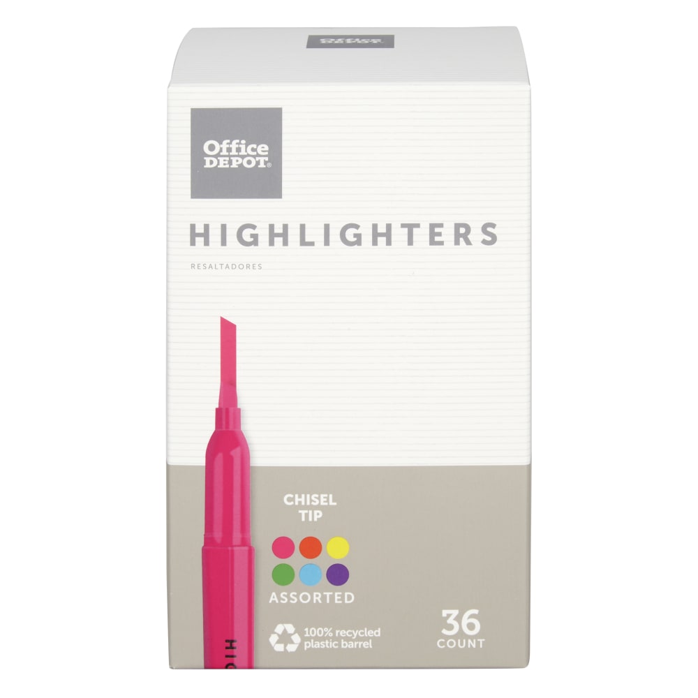 Office Depot Brand Pen-Style Highlighters, Chisel Tip, 100% Recycled Plastic Barrel, Assorted Colors, Pack Of 36 (Min Order Qty 11) MPN:H-2111B36/ASS