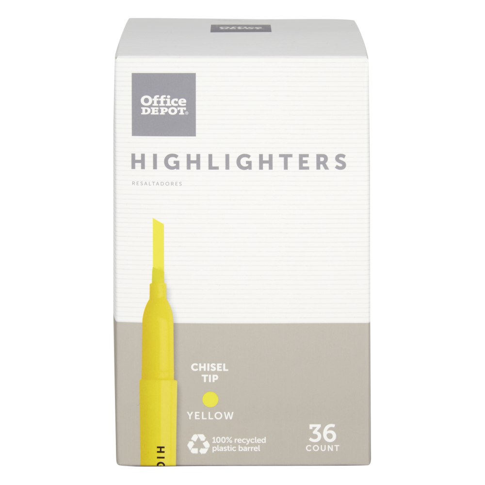 Office Depot Brand Pen-Style Highlighters, Chisel Tip, 100% Recycled Plastic Barrel, Fluorescent Yellow, Pack Of 36 (Min Order Qty 11) MPN:H-2111B36/YE