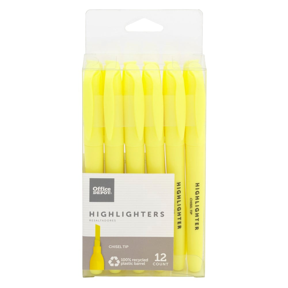 Office Depot Brand Pen-Style Highlighters, 100% Recycled Plastic Barrel, Fluorescent Yellow, Pack Of 12 (Min Order Qty 32) MPN:H-2111BYE12