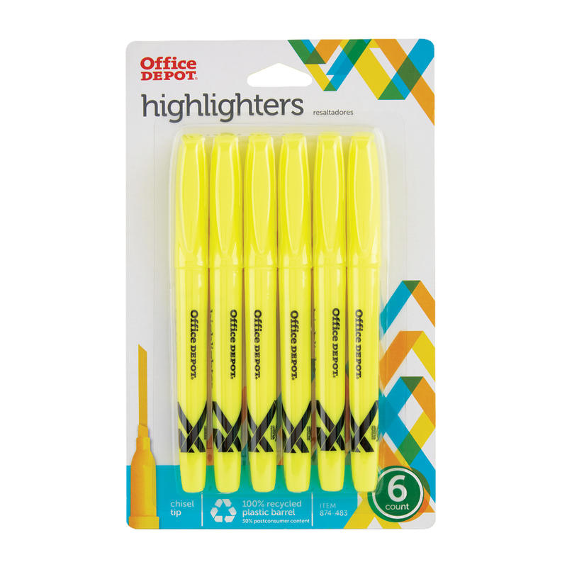 Office Depot Brand Pen-Style Highlighters, Chisel Point, 100% Recycled Plastic Barrel, Fluorescent Yellow, Pack Of 6 (Min Order Qty 65) MPN:H-2111BYE6