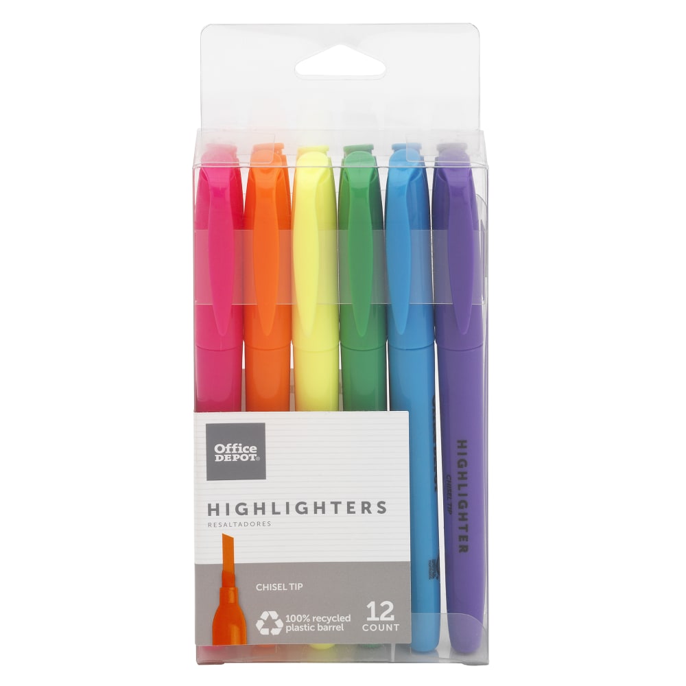 Office Depot Brand Pen-Style Highlighters, 100% Recycled Plastic Barrel, Assorted Colors, Pack Of 12 (Min Order Qty 32) MPN:H2111BAST126