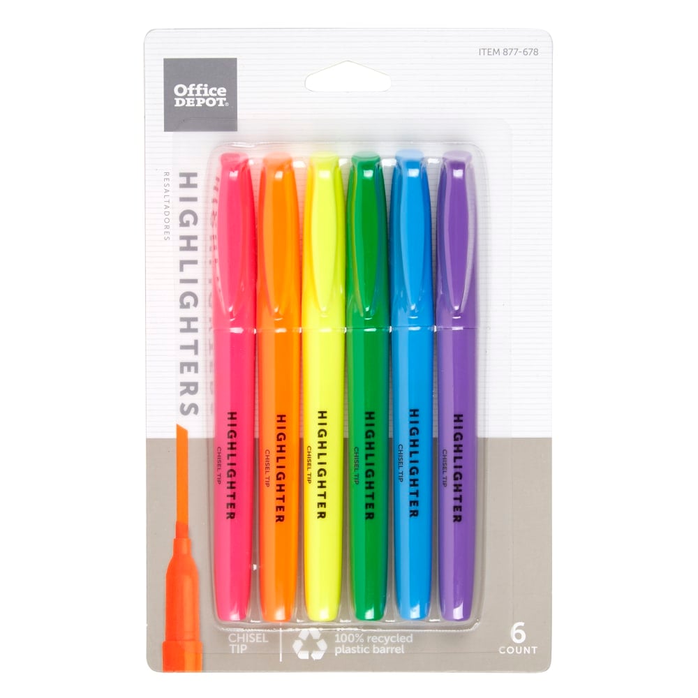 Office Depot Brand Pen-Style Highlighters, Chisel Point, 100% Recycled Plastic Barrel, Assorted Colors, Pack Of 6 Highlighters (Min Order Qty 65) MPN:H2111BAST6/6