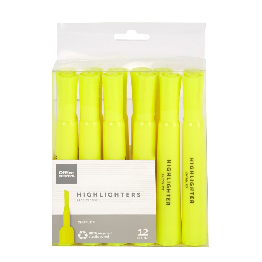 Office Depot Brand Chisel-Tip Highlighters, 100% Recycled Plastic Barrel, Fluorescent Yellow, Pack Of 12 (Min Order Qty 24) MPN:HY1066-YLN