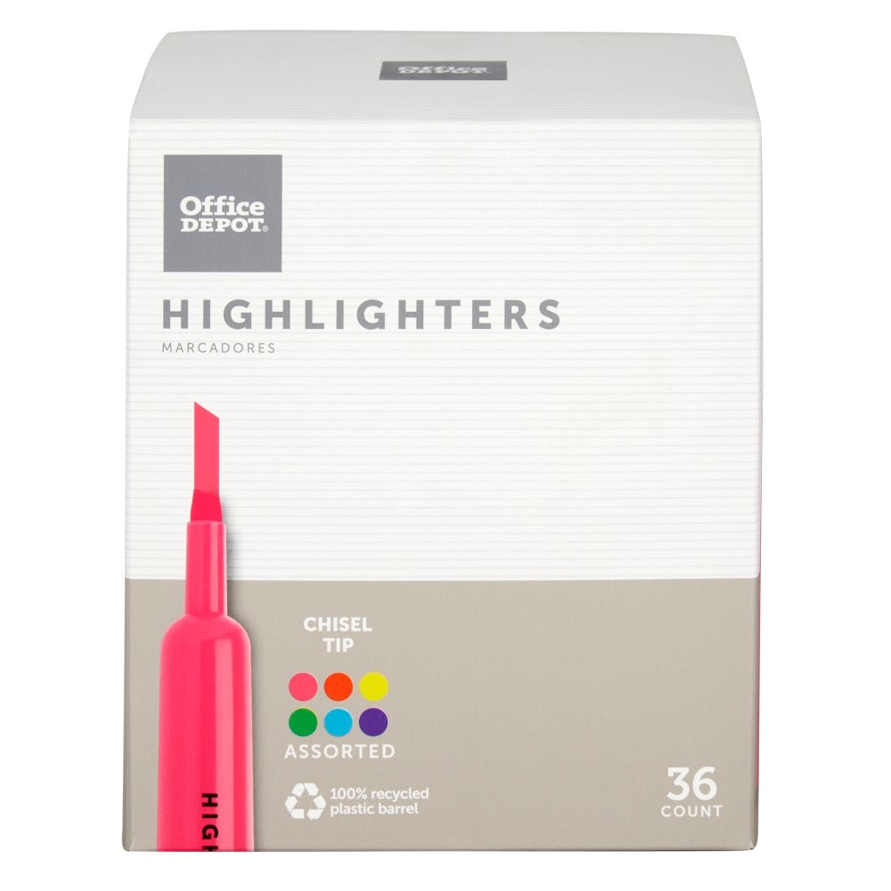 Office Depot Brand Chisel-Tip Highlighter, 100% Recycled Plastic Barrel, Assorted Fluorescent Colors, Pack Of 36 (Min Order Qty 9) MPN:HY106605-ASST-36