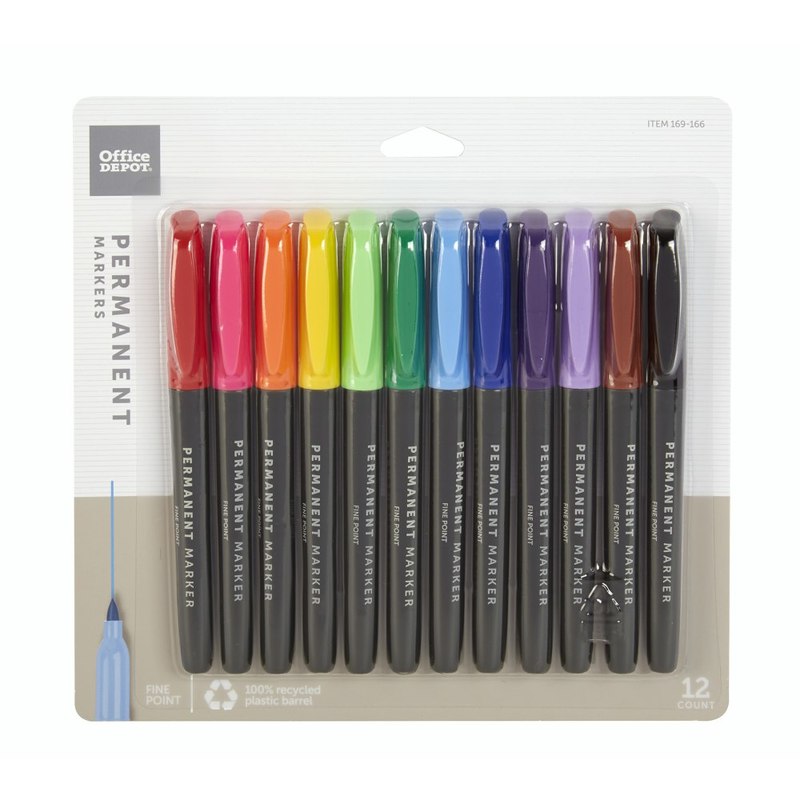 Office Depot Brand Permanent Markers, Fine Point, 100% Recycled Plastic Barrel, Assorted Colors, Pack Of 12 (Min Order Qty 23) MPN:P-2111B12/12