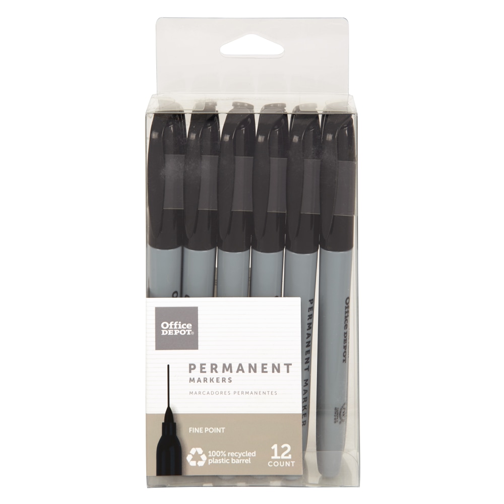 Office Depot Brand Permanent Markers, Fine Point, 100% Recycled Plastic Barrel, Black Ink, Pack Of 12 (Min Order Qty 25) MPN:P-2111BBK12