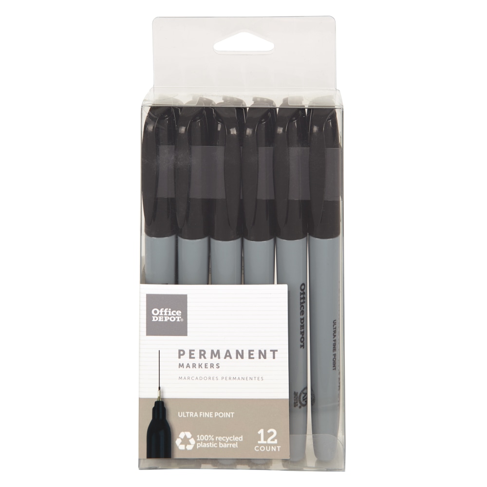 Office Depot Brand Permanent Markers, Ultra-Fine Point, 100% Recycled Plastic Barrel, Black, Pack Of 12 (Min Order Qty 20) MPN:P-2111BBK12UF