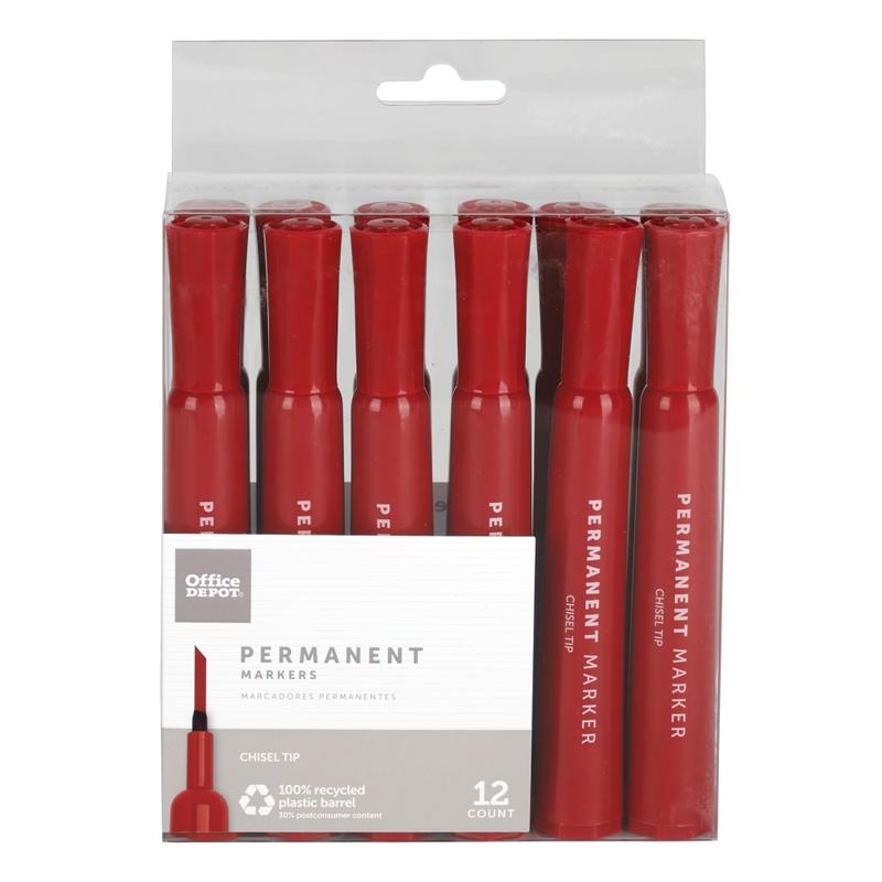 Office Depot Brand Permanent Markers, Chisel Point, 100% Recycled, Red Ink, Pack Of 12 (Min Order Qty 19) MPN:PY106605-12RED