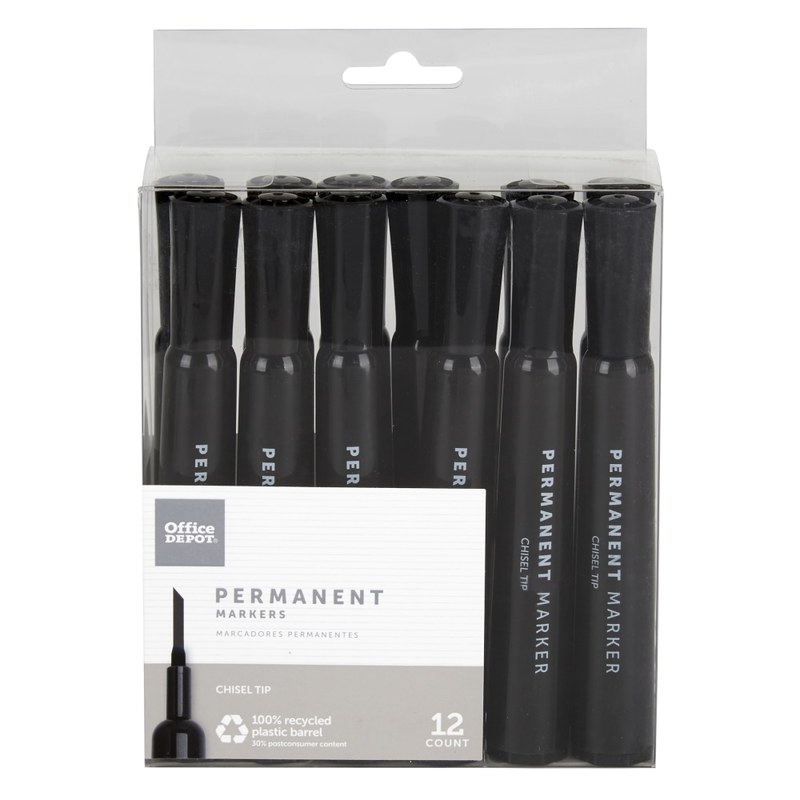 Office Depot Brand Permanent Markers, Chisel Point, 100% Recycled Plastic Barrel, Black Ink, Pack Of 12 (Min Order Qty 21) MPN:PY106605-BK