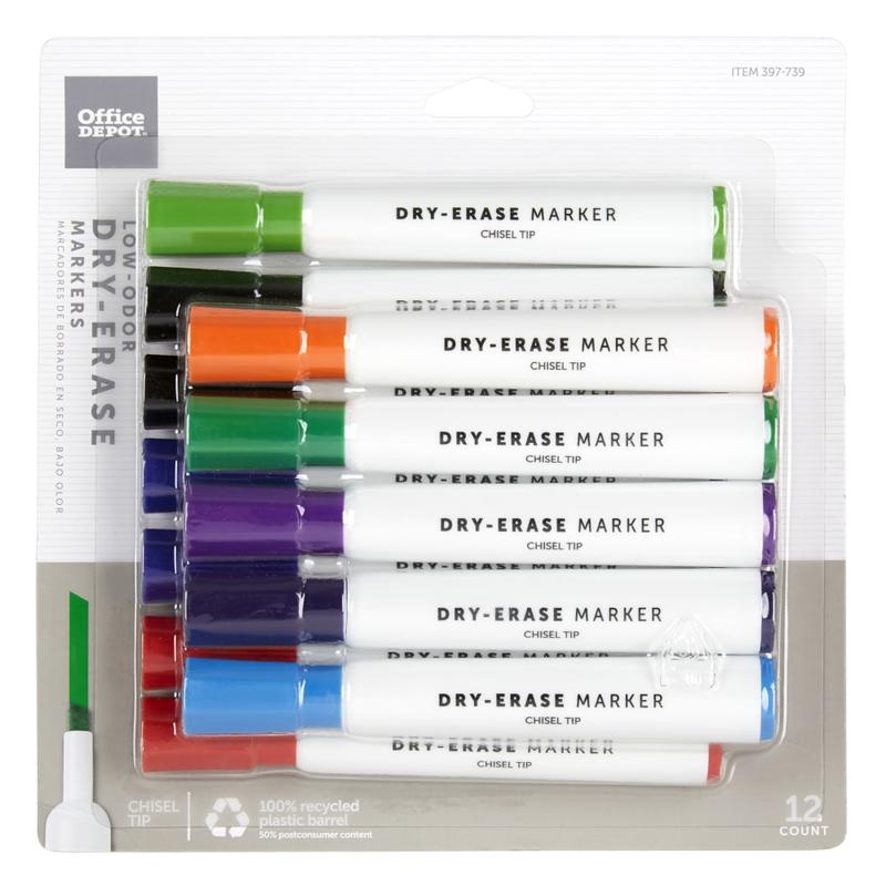 Office Depot Brand Low-Odor Dry-Erase Markers, Chisel Point, 100% Recycled Plastic Barrel, Assorted Colors, Pack Of 12 (Min Order Qty 17) MPN:W-311312/9