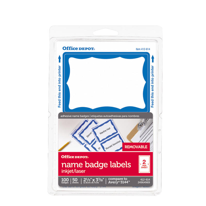 Office Depot Brand Name Badge Labels, 2 11/32in x 3 3/8in, Blue, Pack Of 100 (Min Order Qty 36) MPN:OD98836