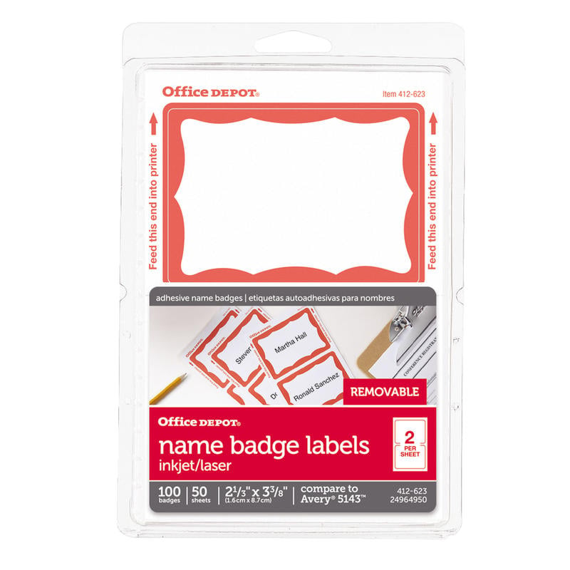 Office Depot Brand Name Badge Labels, 2 11/32in x 3 3/8in, Red Border, Pack Of 100 (Min Order Qty 36) MPN:OD98837